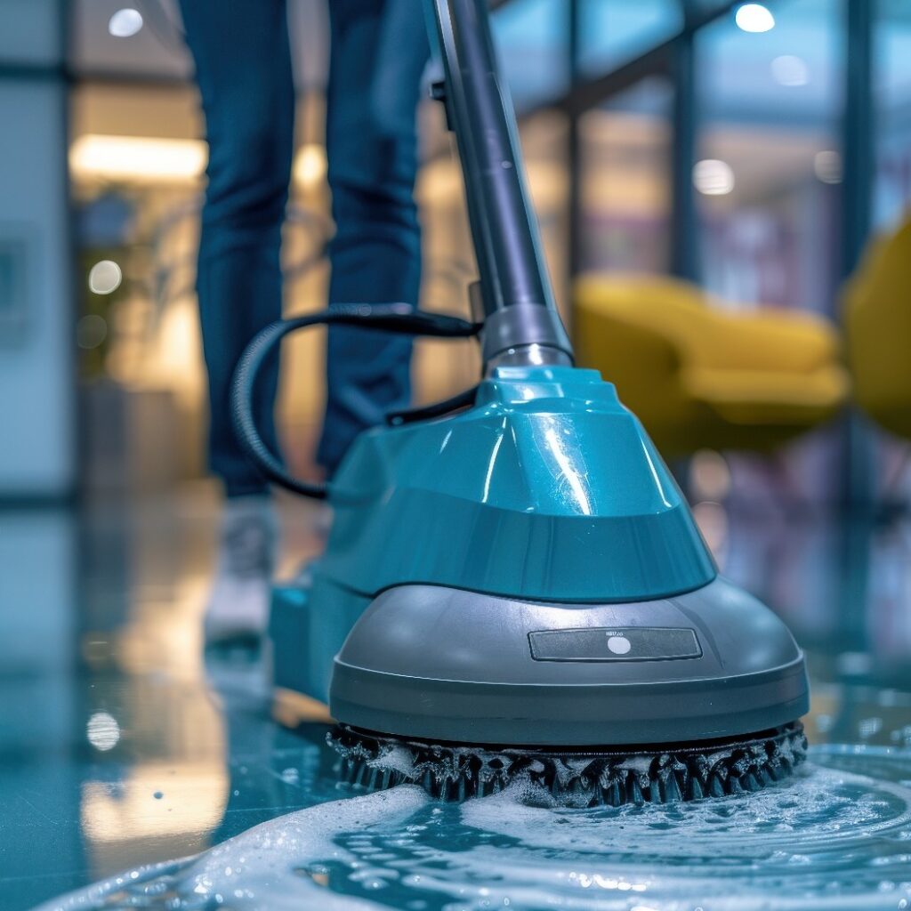 Moderne Bodenreinigungsmaschine in Aktion in einem modernen Büro mit Glaswänden und stilvollen Möbeln